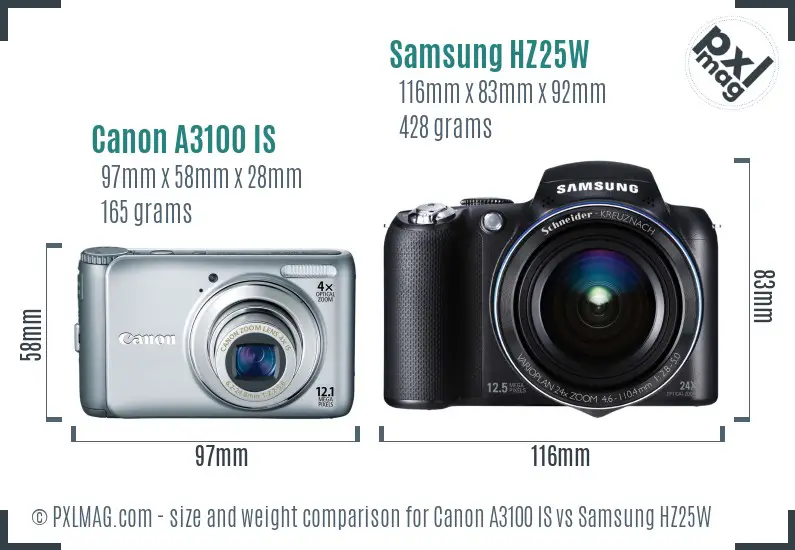 Canon A3100 IS vs Samsung HZ25W size comparison