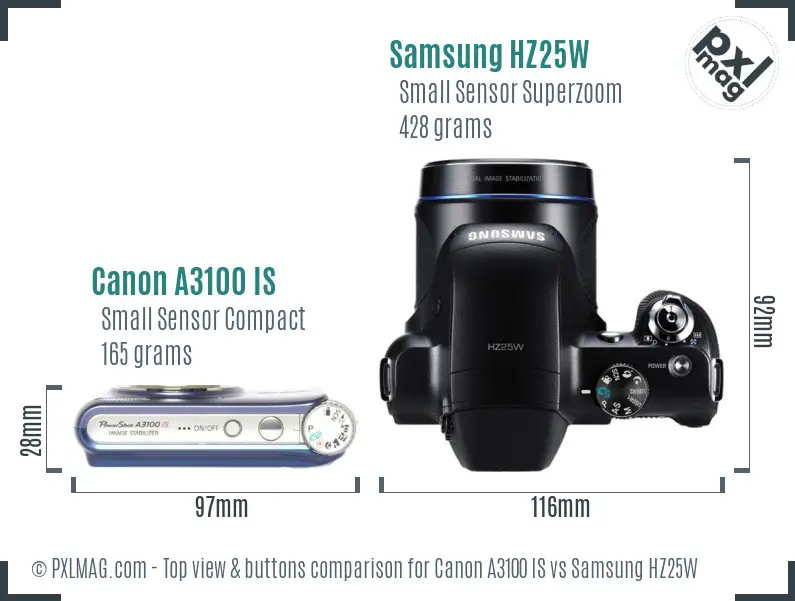 Canon A3100 IS vs Samsung HZ25W top view buttons comparison
