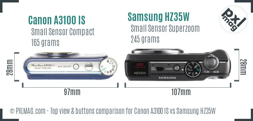 Canon A3100 IS vs Samsung HZ35W top view buttons comparison