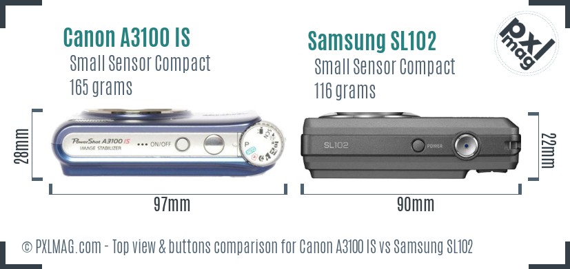 Canon A3100 IS vs Samsung SL102 top view buttons comparison