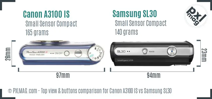 Canon A3100 IS vs Samsung SL30 top view buttons comparison