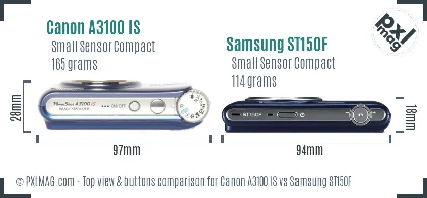 Canon A3100 IS vs Samsung ST150F top view buttons comparison