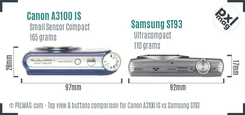 Canon A3100 IS vs Samsung ST93 top view buttons comparison