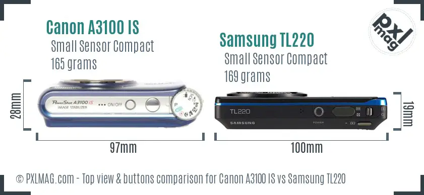 Canon A3100 IS vs Samsung TL220 top view buttons comparison