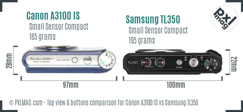 Canon A3100 IS vs Samsung TL350 top view buttons comparison
