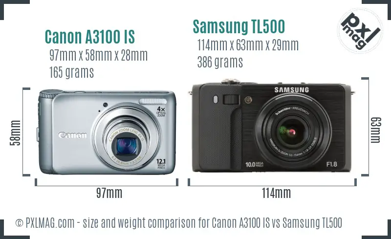 Canon A3100 IS vs Samsung TL500 size comparison