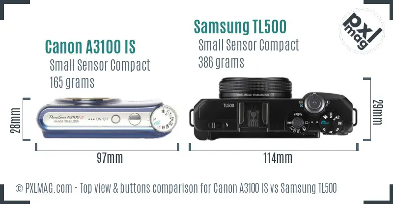 Canon A3100 IS vs Samsung TL500 top view buttons comparison