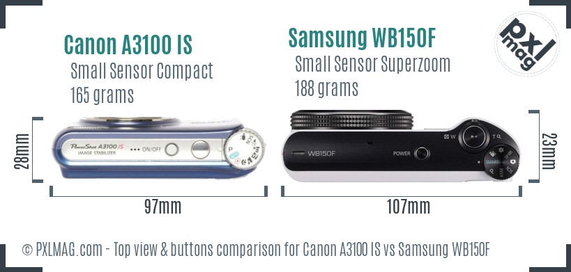 Canon A3100 IS vs Samsung WB150F top view buttons comparison