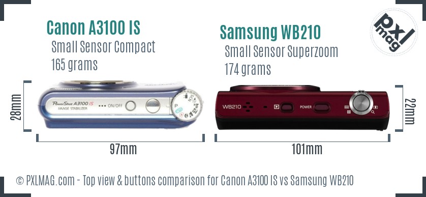 Canon A3100 IS vs Samsung WB210 top view buttons comparison