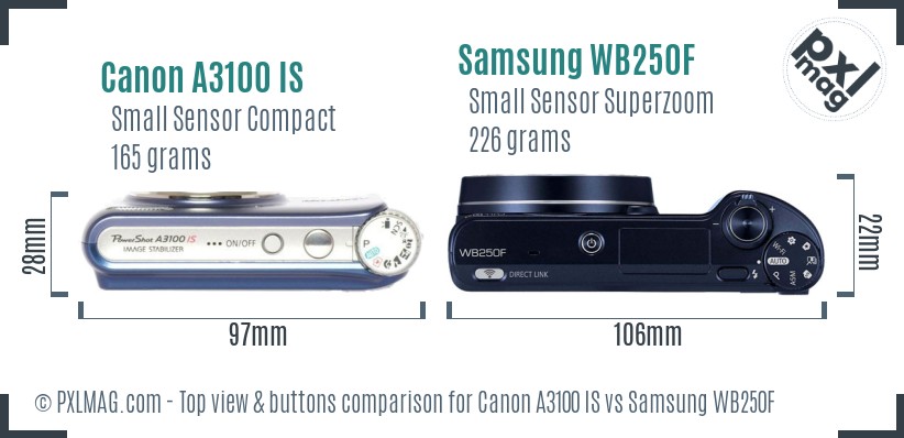 Canon A3100 IS vs Samsung WB250F top view buttons comparison