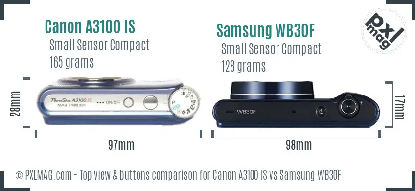 Canon A3100 IS vs Samsung WB30F top view buttons comparison