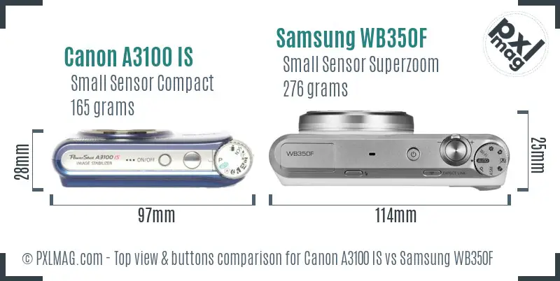 Canon A3100 IS vs Samsung WB350F top view buttons comparison Canon A3100 IS vs Samsung WB350F top view buttons comparison