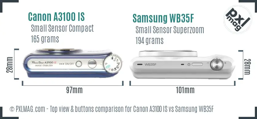 Canon A3100 IS vs Samsung WB35F top view buttons comparison