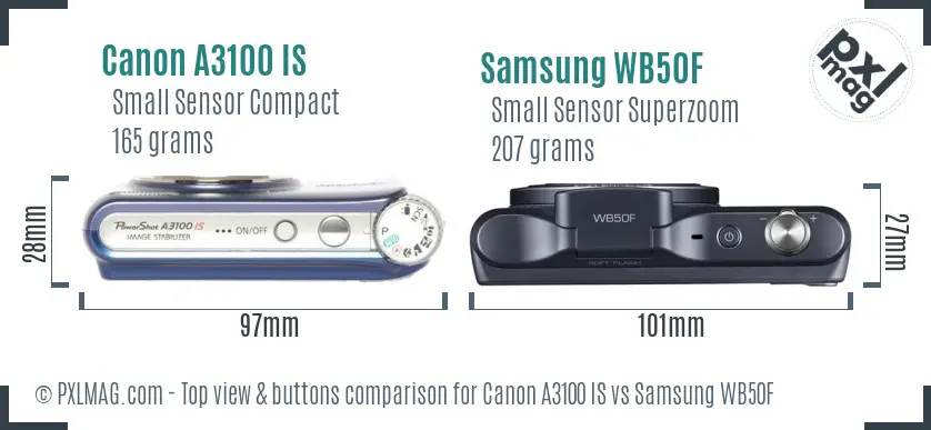 Canon A3100 IS vs Samsung WB50F top view buttons comparison