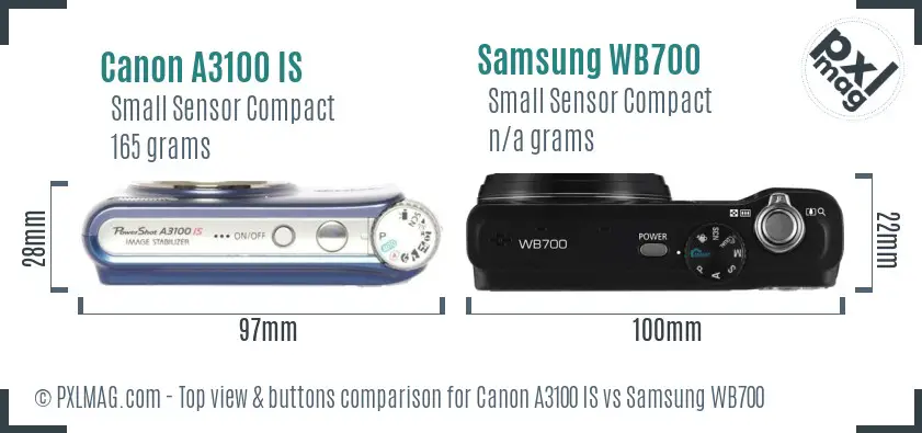 Canon A3100 IS vs Samsung WB700 top view buttons comparison