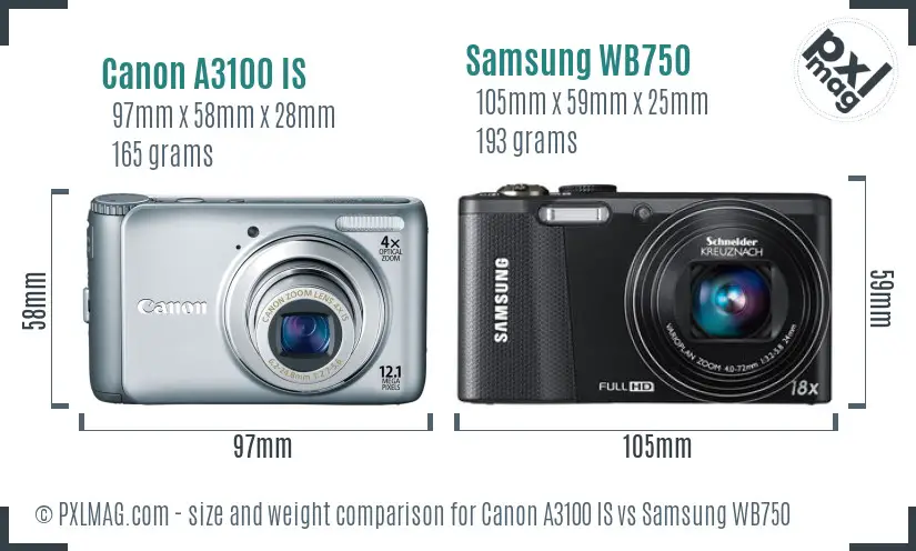 Canon A3100 IS vs Samsung WB750 size comparison