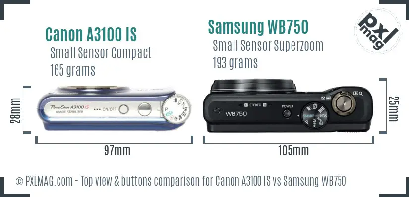 Canon A3100 IS vs Samsung WB750 top view buttons comparison