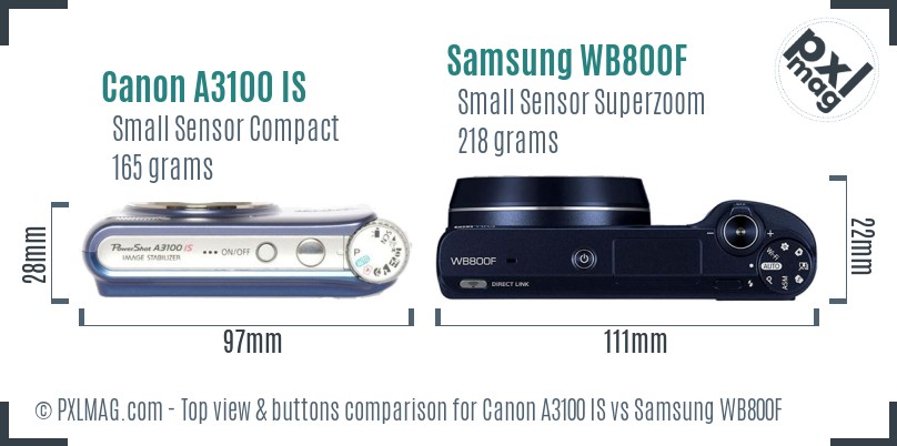 Canon A3100 IS vs Samsung WB800F top view buttons comparison