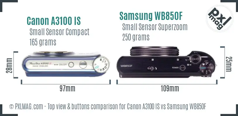 Canon A3100 IS vs Samsung WB850F top view buttons comparison