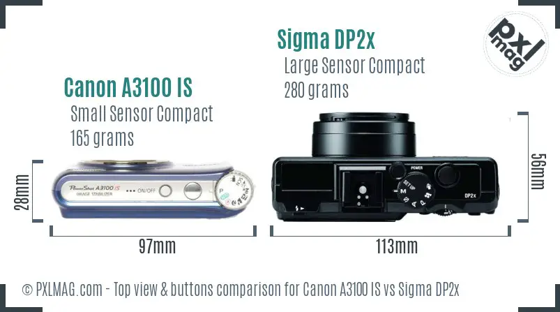 Canon A3100 IS vs Sigma DP2x top view buttons comparison
