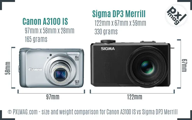 Canon A3100 IS vs Sigma DP3 Merrill size comparison