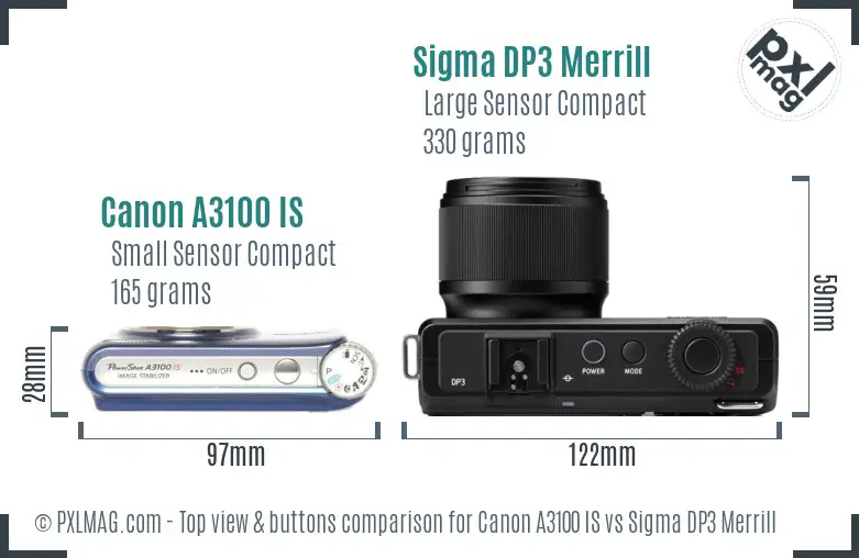 Canon A3100 IS vs Sigma DP3 Merrill top view buttons comparison