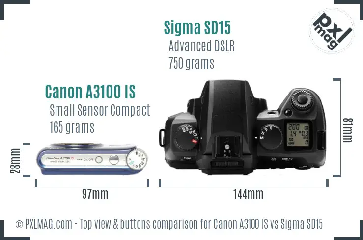 Canon A3100 IS vs Sigma SD15 top view buttons comparison