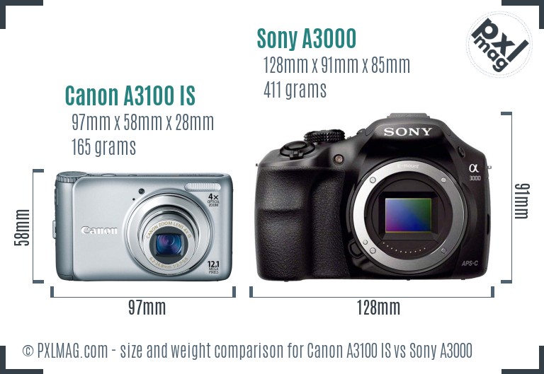 Canon A3100 IS vs Sony A3000 size comparison