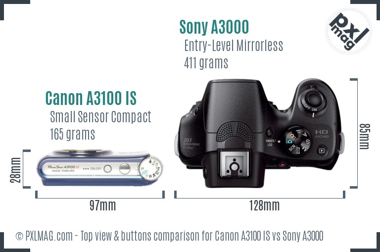 Canon A3100 IS vs Sony A3000 top view buttons comparison