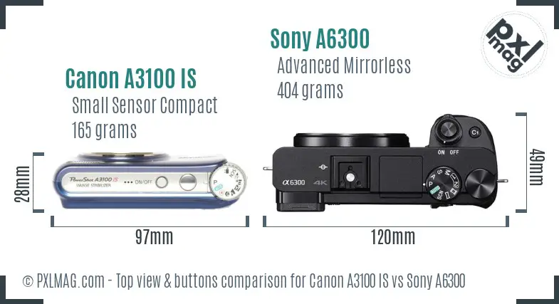 Canon A3100 IS vs Sony A6300 top view buttons comparison
