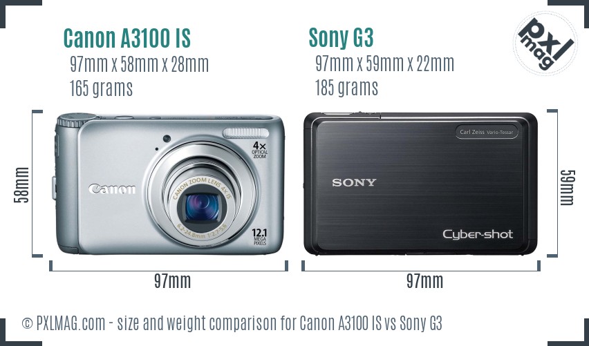 Canon A3100 IS vs Sony G3 size comparison