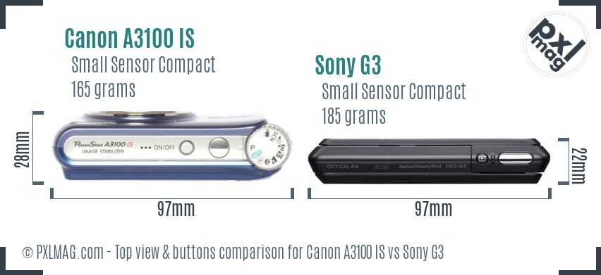 Canon A3100 IS vs Sony G3 top view buttons comparison
