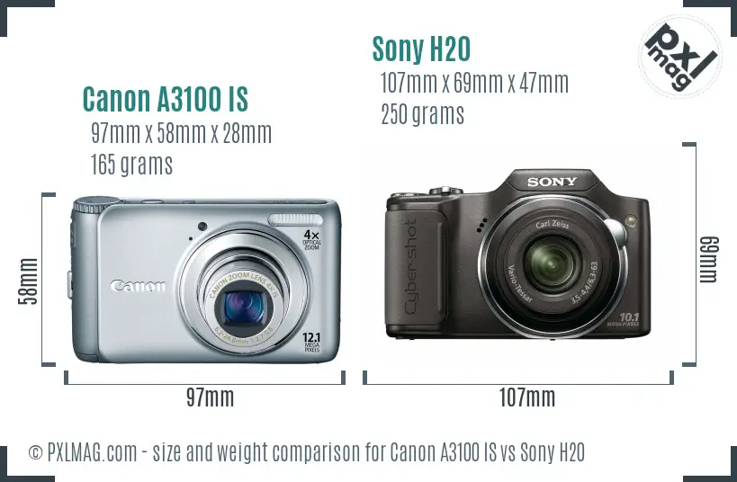 Canon A3100 IS vs Sony H20 size comparison