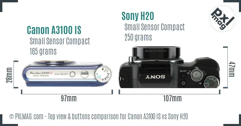 Canon A3100 IS vs Sony H20 top view buttons comparison