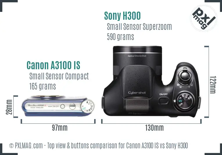 Canon A3100 IS vs Sony H300 top view buttons comparison