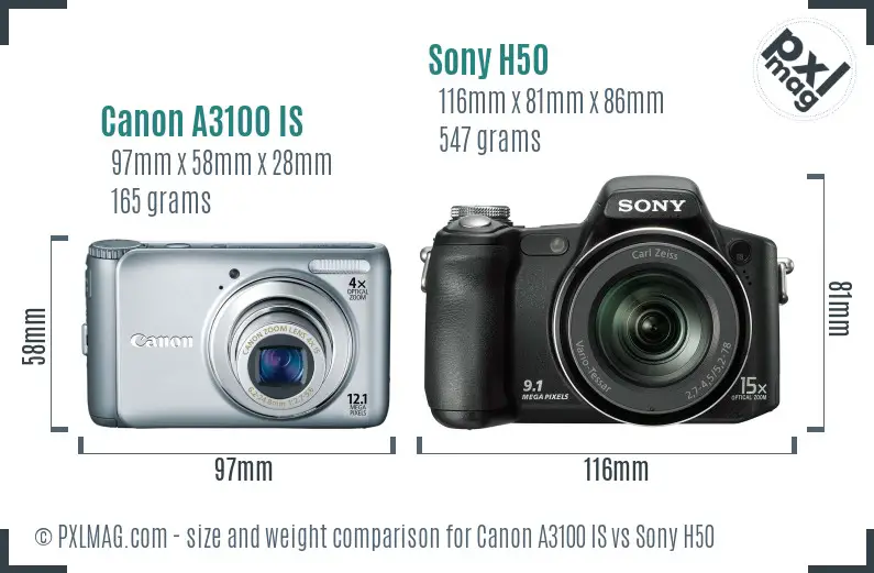 Canon A3100 IS vs Sony H50 size comparison