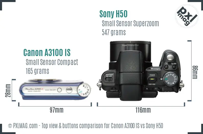 Canon A3100 IS vs Sony H50 top view buttons comparison