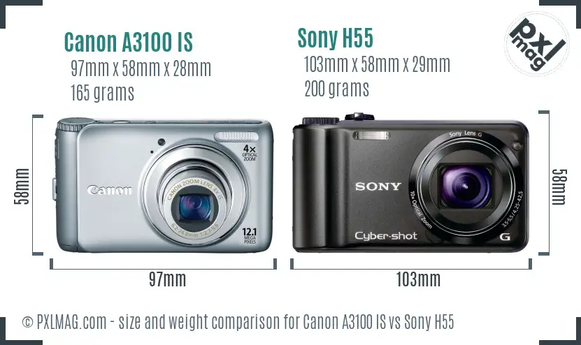 Canon A3100 IS vs Sony H55 size comparison