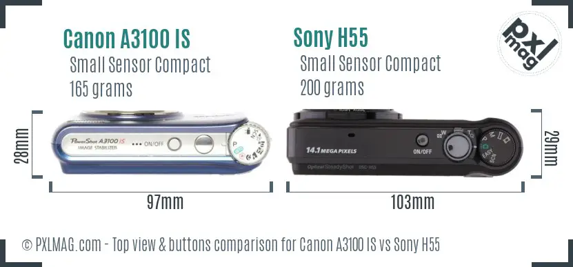 Canon A3100 IS vs Sony H55 top view buttons comparison