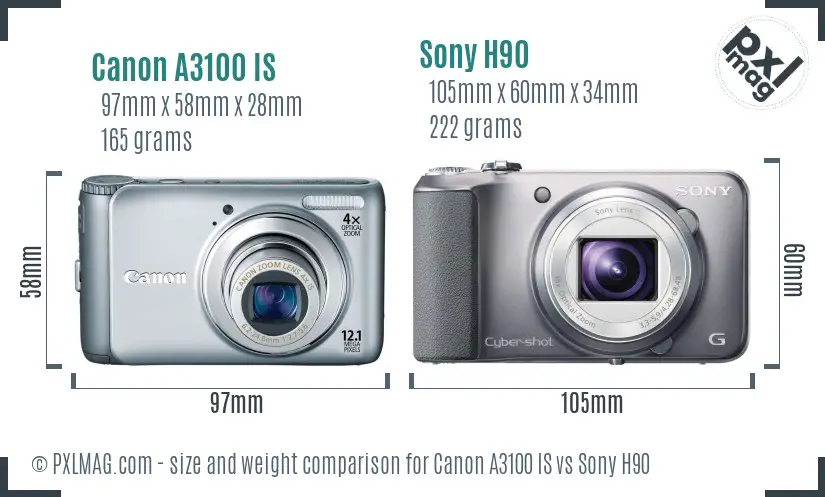 Canon A3100 IS vs Sony H90 size comparison