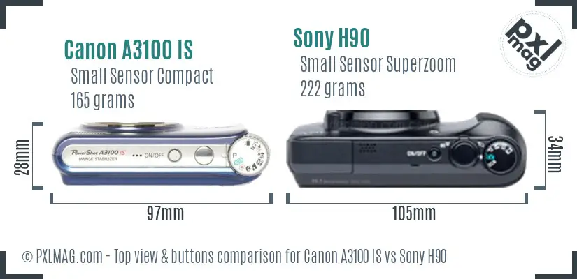 Canon A3100 IS vs Sony H90 top view buttons comparison