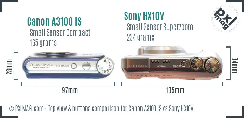 Canon A3100 IS vs Sony HX10V top view buttons comparison