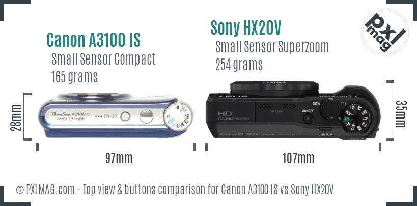 Canon A3100 IS vs Sony HX20V top view buttons comparison