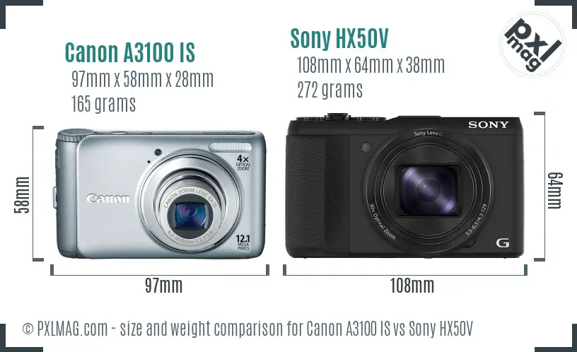 Canon A3100 IS vs Sony HX50V size comparison Canon A3100 IS vs Sony HX50V size comparison