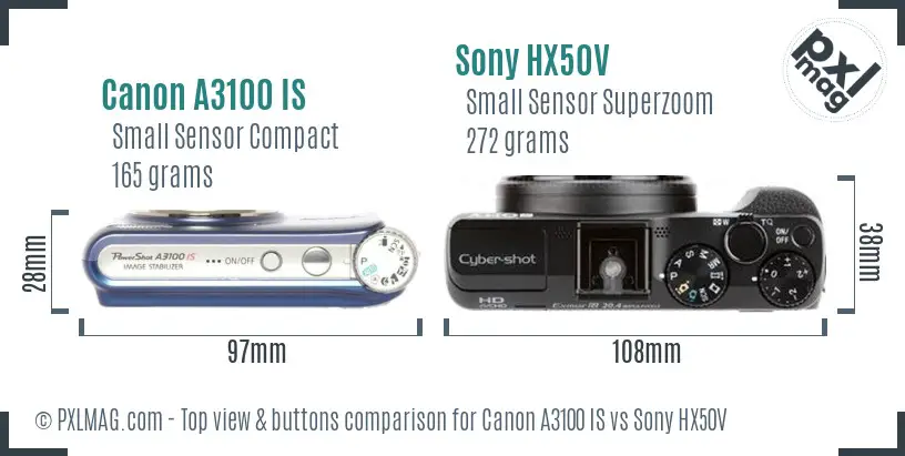 Canon A3100 IS vs Sony HX50V top view buttons comparison Canon A3100 IS vs Sony HX50V top view buttons comparison