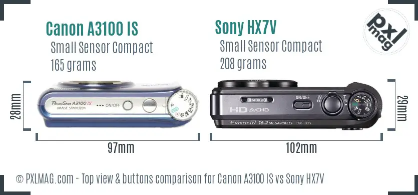 Canon A3100 IS vs Sony HX7V top view buttons comparison Canon A3100 IS vs Sony HX7V top view buttons comparison