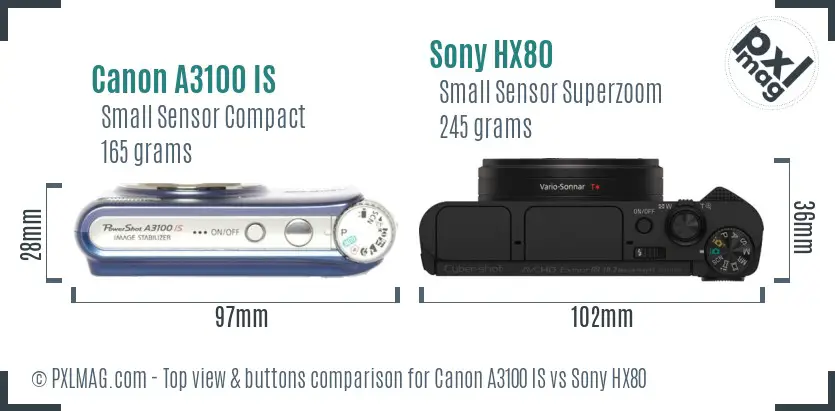 Canon A3100 IS vs Sony HX80 top view buttons comparison