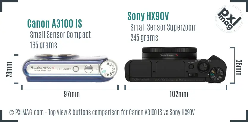 Canon A3100 IS vs Sony HX90V top view buttons comparison