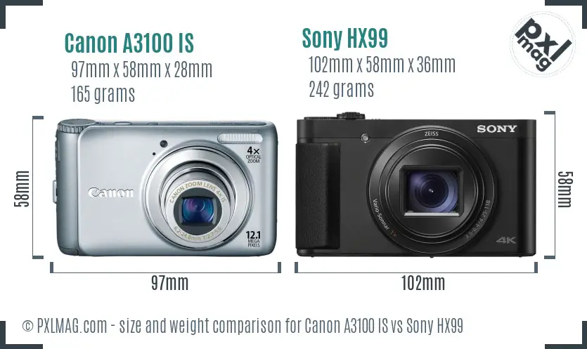 Canon A3100 IS vs Sony HX99 size comparison Canon A3100 IS vs Sony HX99 size comparison