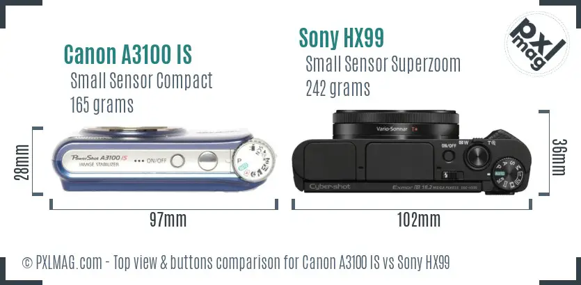 Canon A3100 IS vs Sony HX99 top view buttons comparison Canon A3100 IS vs Sony HX99 top view buttons comparison